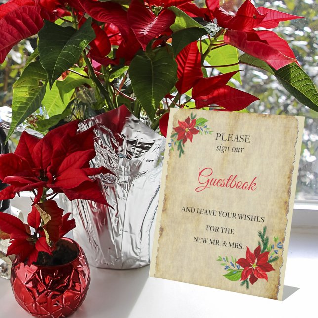 Poinsettia Floral Bouquet, Vintage Guestbook   Pedestal Sign (Creator Uploaded)