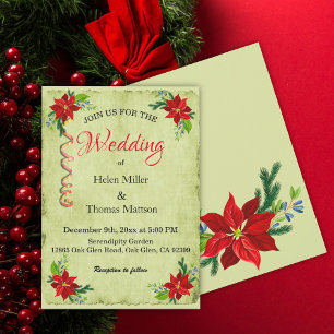 Poinsettia Floral Bouquet, Vintage Wedding Invitation