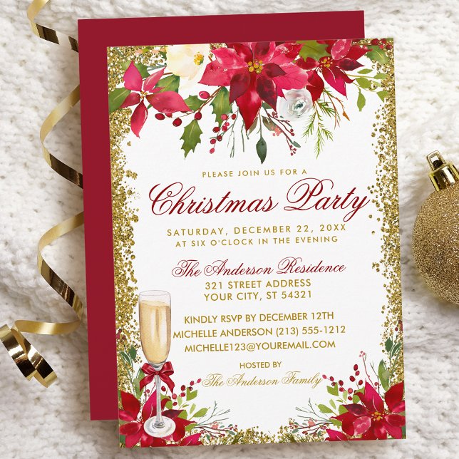 Poinsettia Floral Champagne Glass Christmas Party Invitation (Customize to change text color, size, style or to change color of back of card.)
