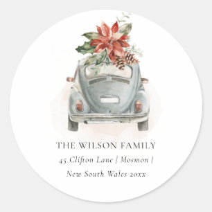 Poinsettia Floral Christmas Car New Home Address Classic Round Sticker