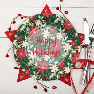 Poinsettia Floral Christmas Holiday Green Paper Plate