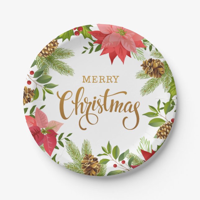 Poinsettia Floral Christmas | Holidays Paper Plate (Front)