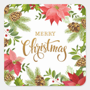 Poinsettia Floral Christmas   Holidays Square Sticker