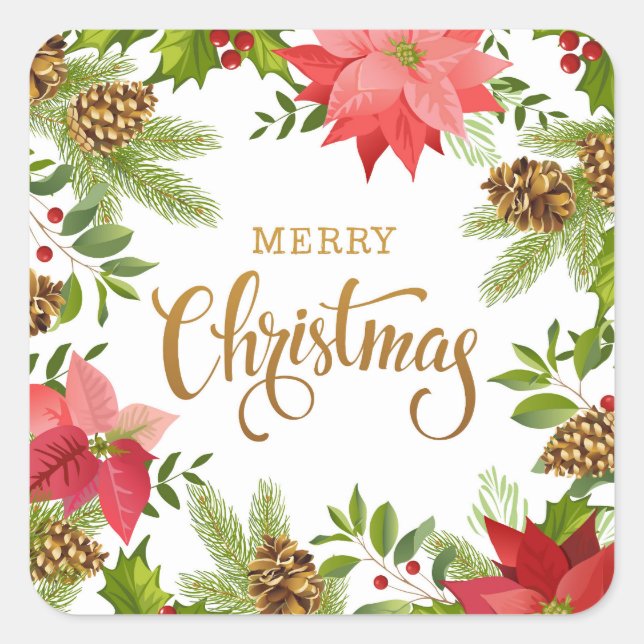 Poinsettia Floral Christmas | Holidays Square Sticker (Front)