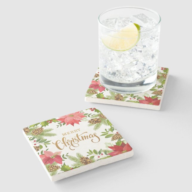 Poinsettia Floral Christmas | Holidays Stone Coaster (Side)