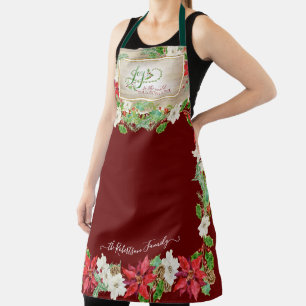 Poinsettia Floral Christmas Joy to World Burgundy Apron