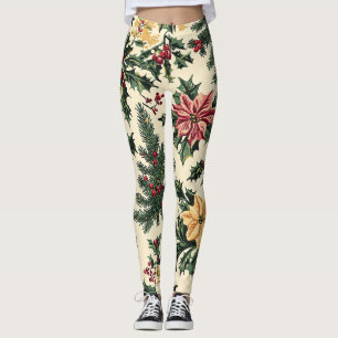 Poinsettia Floral Christmas Pattern (15) Leggings