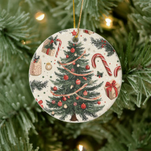 Poinsettia Floral Christmas Pattern (4) Ceramic Tree Decoration