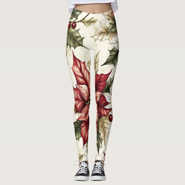 Poinsettia Floral Christmas Pattern (4) Leggings (Front)