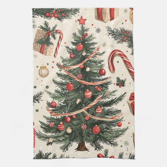 Poinsettia Floral Christmas Pattern (4) Tea Towel (Vertical)