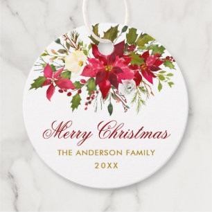 Poinsettia Floral Christmas Red Gold Favour Tags