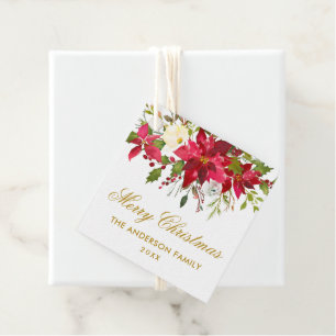 Poinsettia Floral Christmas Square Gold Favour Tags