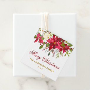 Poinsettia Floral Christmas Square Red Gold Favour Tags