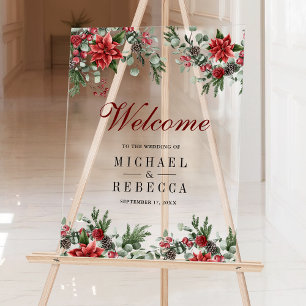 Poinsettia Floral Christmas Wedding Welcome Acrylic Sign