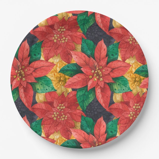 Poinsettia Floral Elegant Christmas Holiday Paper Plate (Front)