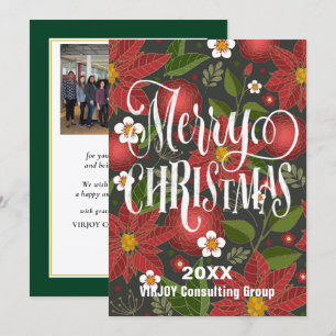 Poinsettia Floral Elegant Script Photo Business  Holiday Card