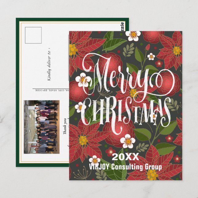 Poinsettia Floral Elegant Script Photo Business  Postcard (Front/Back)