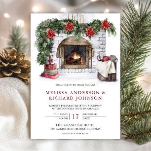 Poinsettia Floral Fireplace Christmas Wedding Invitation
