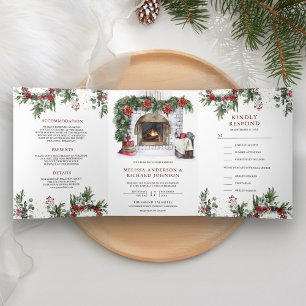 Poinsettia Floral Fireplace Christmas Wedding Tri-Fold Invitation