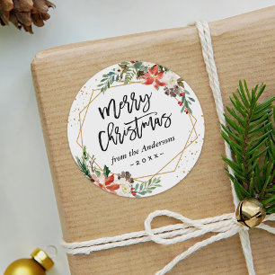 Poinsettia Floral Geometric Merry Christmas Script Classic Round Sticker