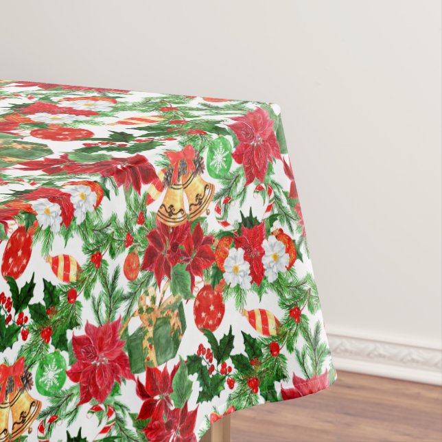 Poinsettia Floral Gold Bells Christmas Tablecloth (In Situ)