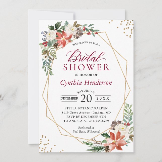 Poinsettia Floral Gold Christmas Bridal Shower Invitation (Front)