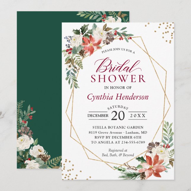 Poinsettia Floral Gold Christmas Bridal Shower Invitation (Front/Back)