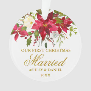 Poinsettia Floral Gold First Christmas Married Ornament