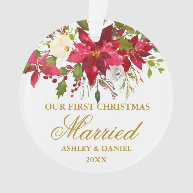 Poinsettia Floral Gold First Christmas Married Ornament (Front)