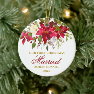 Poinsettia Floral Gold First Christmas   Photo Ceramic Tree Decoration