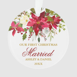 Poinsettia Floral Gold First Christmas   Photo Ornament