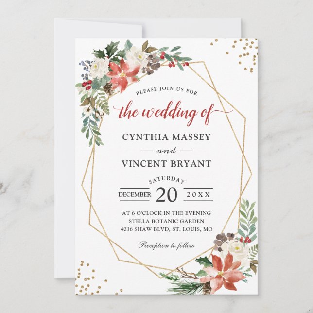 Poinsettia Floral Gold Geometric Christmas Wedding Invitation (Front)