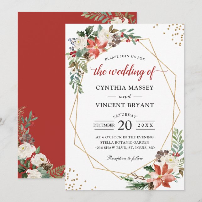 Poinsettia Floral Gold Geometric Christmas Wedding Invitation (Front/Back)