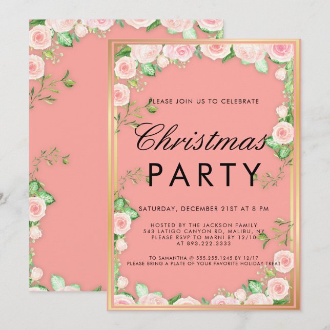 Poinsettia Floral Gold Glitter Pink Christmas  Invitation (Front/Back)