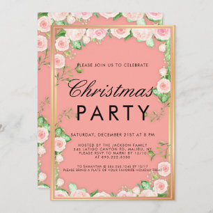 Poinsettia Floral Gold Glitter Pink Christmas  Invitation