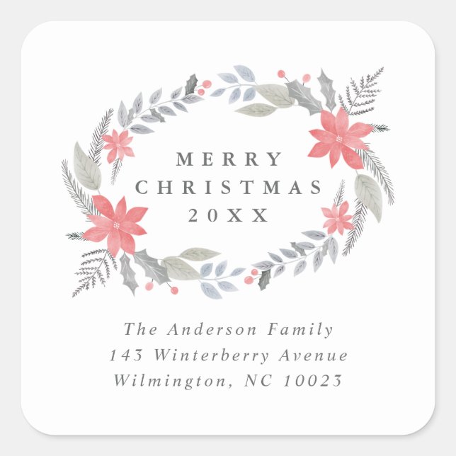 Poinsettia Floral Handdrawn Holiday Return Address Square Sticker (Front)
