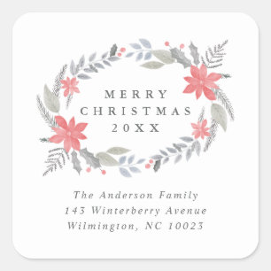 Poinsettia Floral Handdrawn Holiday Return Address Square Sticker