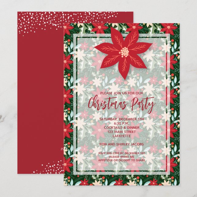Poinsettia Floral Holiday Christmas Invitations (Front/Back)