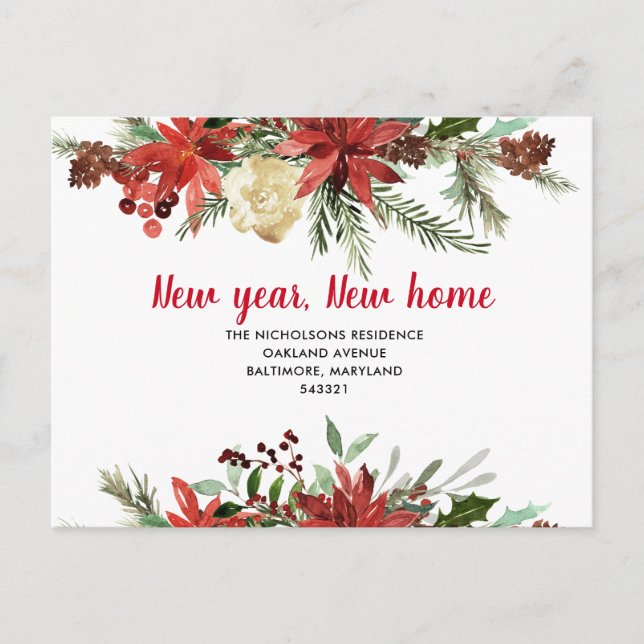 Poinsettia Floral | New Home | We Have Moved Announcement Postcard (Front)