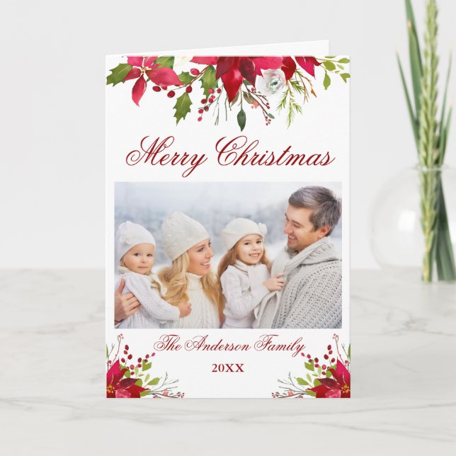Poinsettia Floral Photo Christmas Fold Holiday Card (Front)