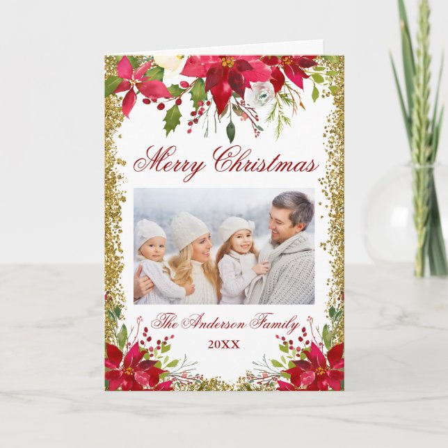 Poinsettia Floral Photo Christmas Gold Fold Holiday Card (Front)