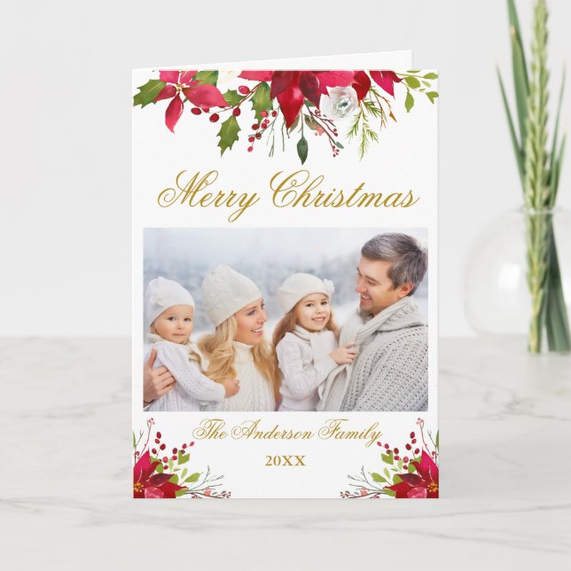 Poinsettia Floral Photo Christmas Gold Fold Holiday Card (Front)