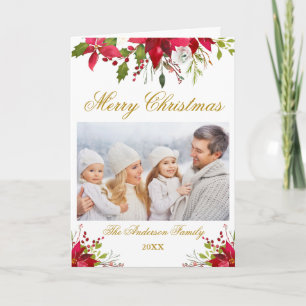 Poinsettia Floral Photo Christmas Gold Fold Holiday Card