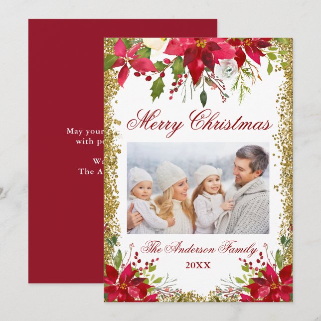 Poinsettia Floral Photo Glitter Christmas Card (Front/Back)