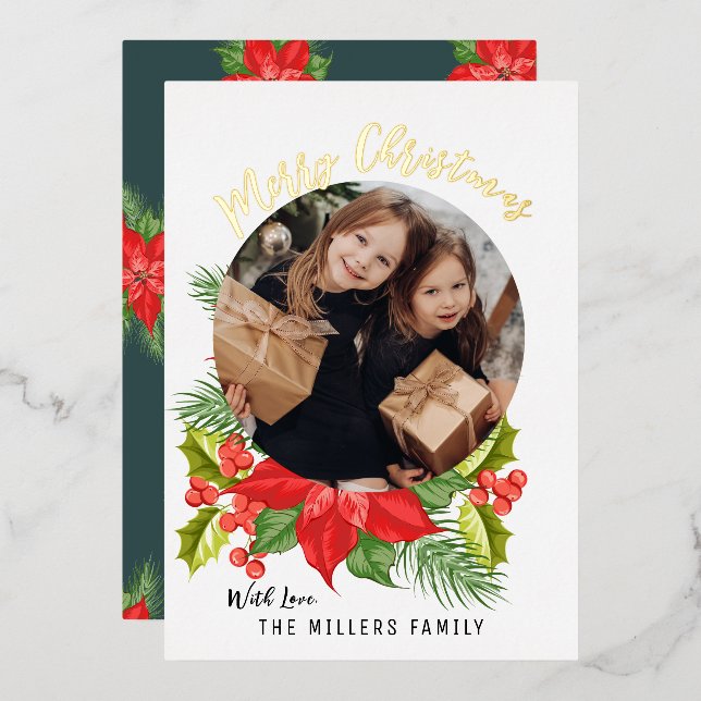  Poinsettia Floral Photo | Merry Christmas  Foil Holiday Card (Front/Back)