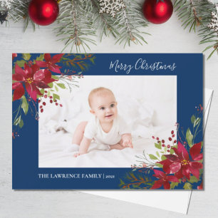 Poinsettia Floral Photo Navy Blue Christmas Holiday Card