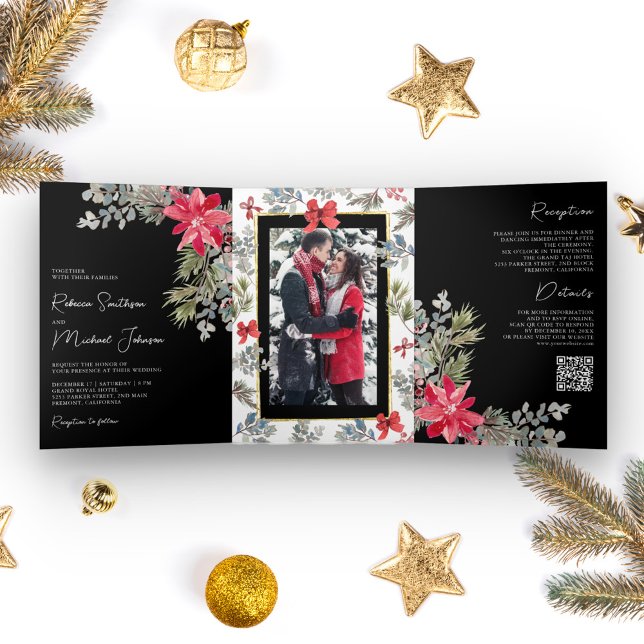 Poinsettia Floral QR Code Black Christmas Wedding Tri-Fold Invitation (Creator Uploaded)