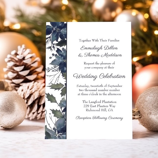 Poinsettia Floral Wedding | Navy Blue Invitation (Creator Uploaded)