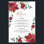 Poinsettia Floral Winter Red Wedding Menu Cards<br><div class="desc">Design features poinsettias,  magnolia,  hydrangea,  roses and more in shades of red,  burgundy,  and white.  Design also features gold printed leaves and numerous types of green greenery including eucalyptus leaves or branches.</div>
