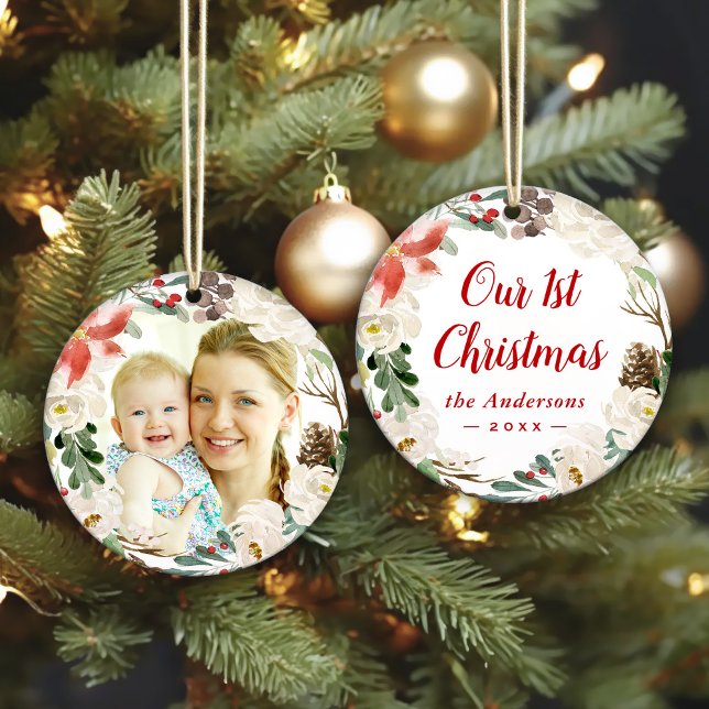Poinsettia Floral Wreath First Christmas Photo Ornament (Sample)